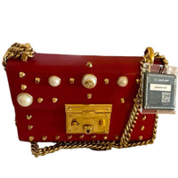 Gucci Padlock Studded Leather Shoulder Bag Red with Faux Pearls
