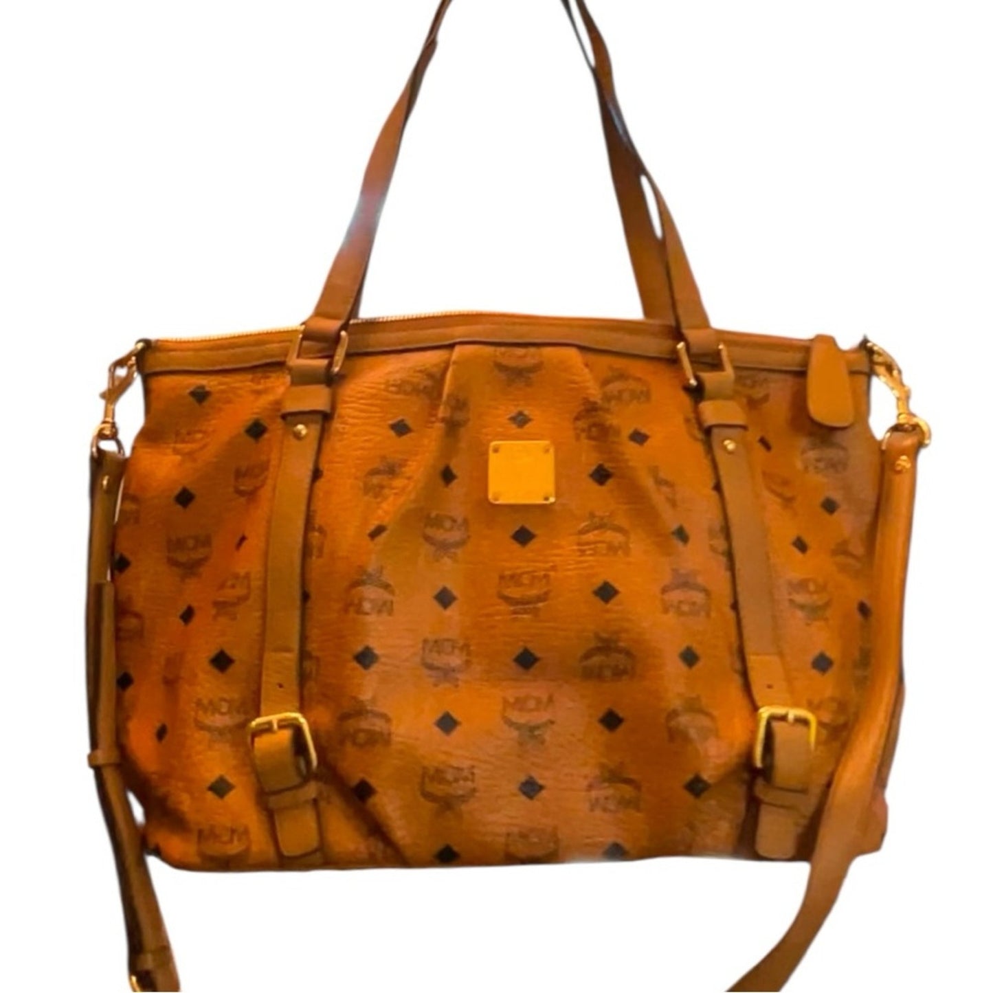MCM Visetos Cognac Shopper Tote Bag with shoulder or crossbody strap with COA