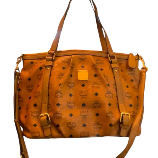 MCM Visetos Cognac Shopper Tote Bag with shoulder or crossbody strap with COA