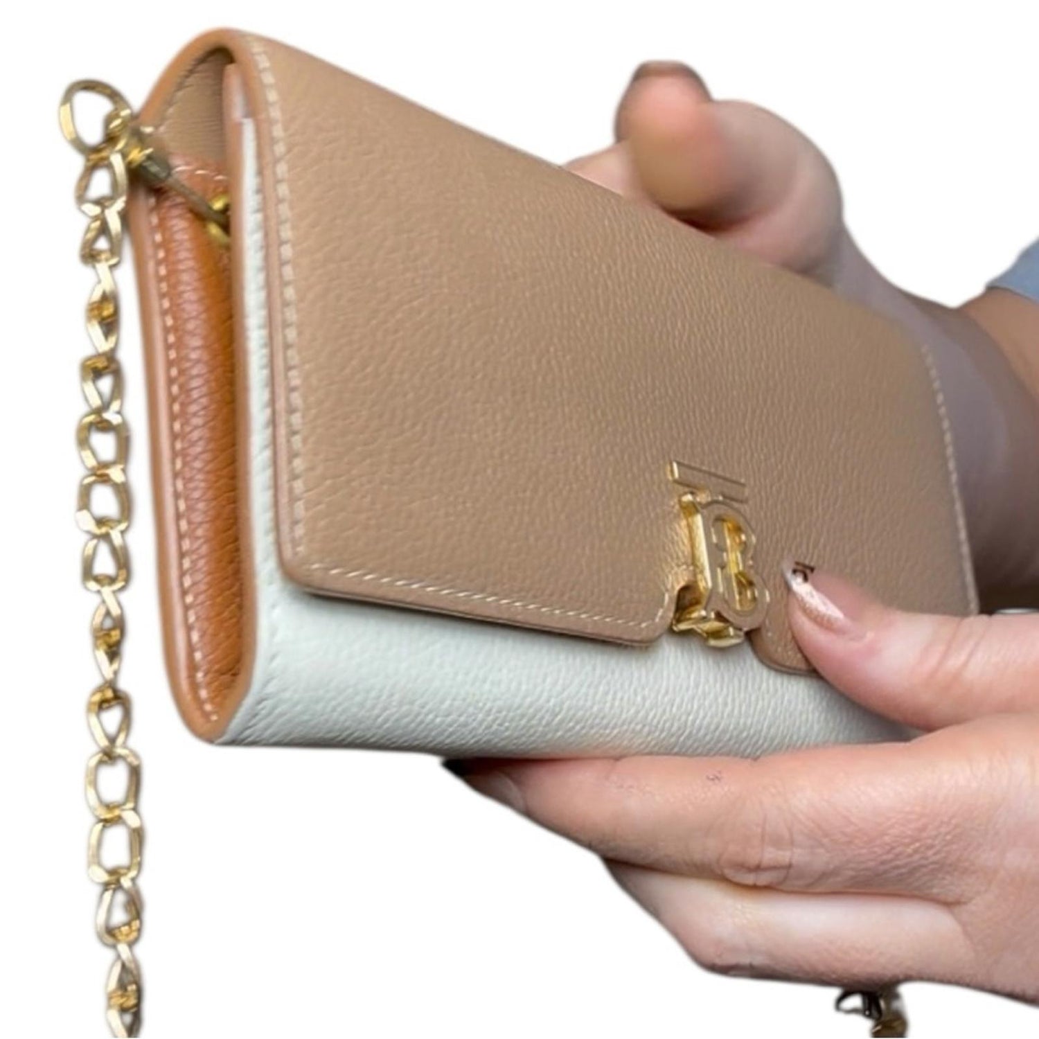 Burberry TB Leather Chain Wallet Crossbody Beige White