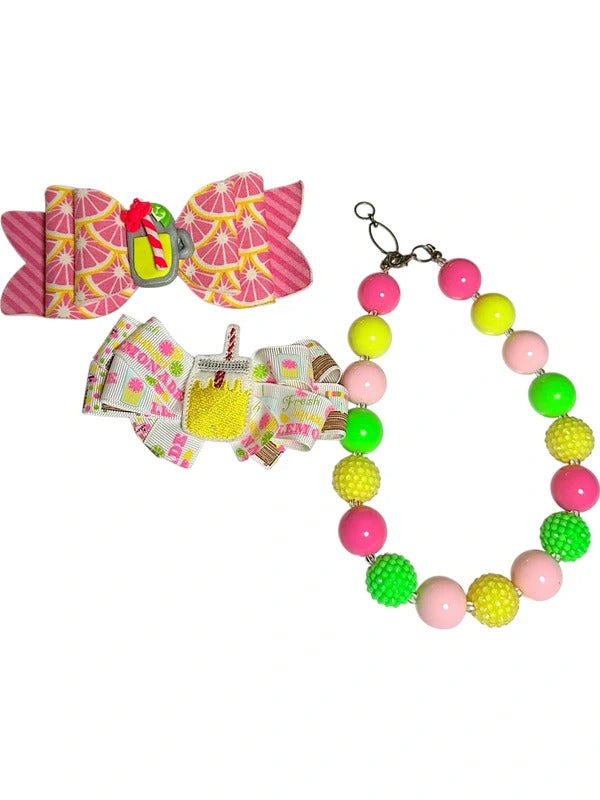 Lemonade Theme Pink Citrus Hair Bow and Chunky Bead Bracelet Set skuQ