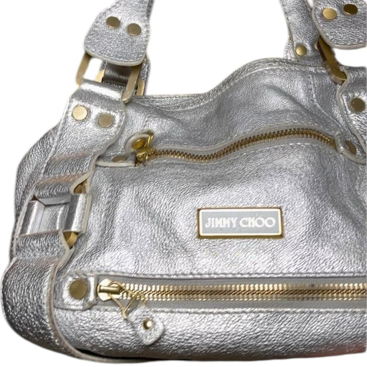 Jimmy Choo Mahala Tote Metallic Silver Leather Gold Hardware