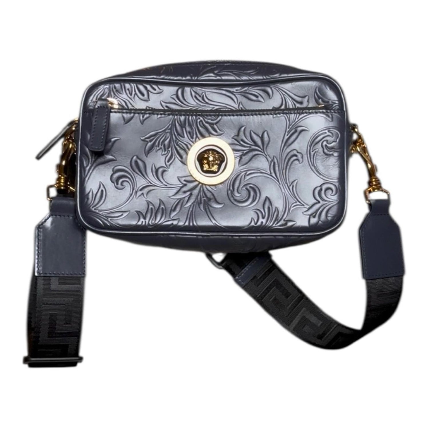 Versace Medusa Embossed Calf Leather Crossbody Bag Dark Blue