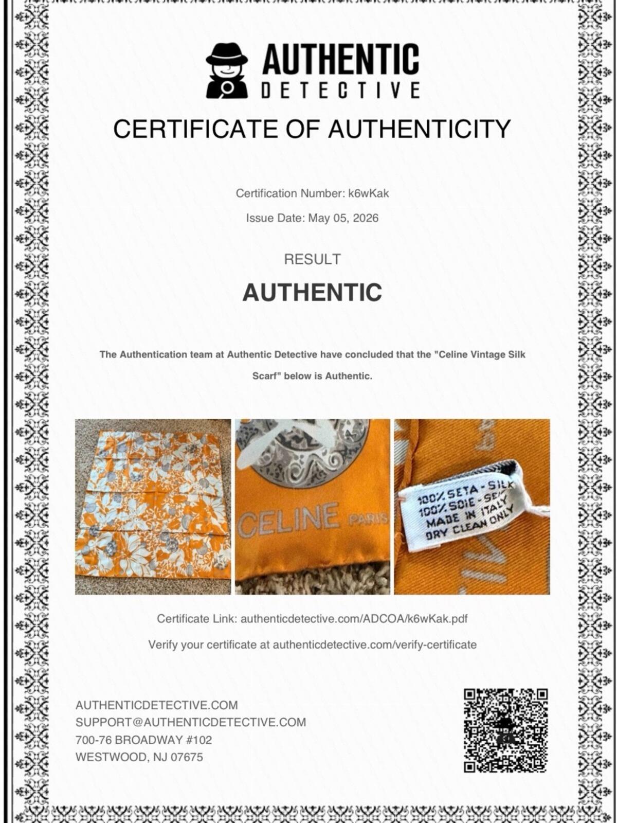 Celine Silk Scarf Orange & White Print with COA