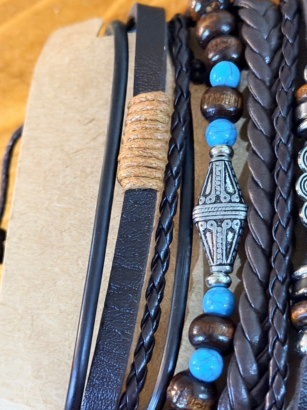 Set of 6 Boho Western Turquoise Faux Leather Bracelet Set Wood Beads Stackable Fashion Jewelry sku003