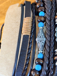 Set of 6 Boho Western Turquoise Faux Leather Bracelet Set Wood Beads Stackable Fashion Jewelry sku003