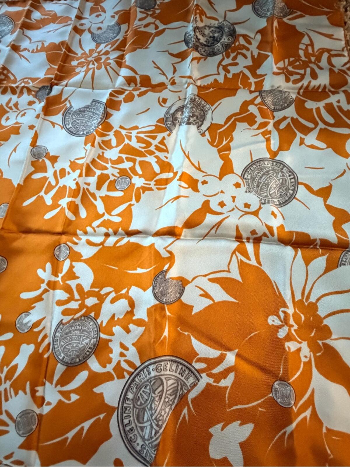 Celine Silk Scarf Orange & White Print with COA