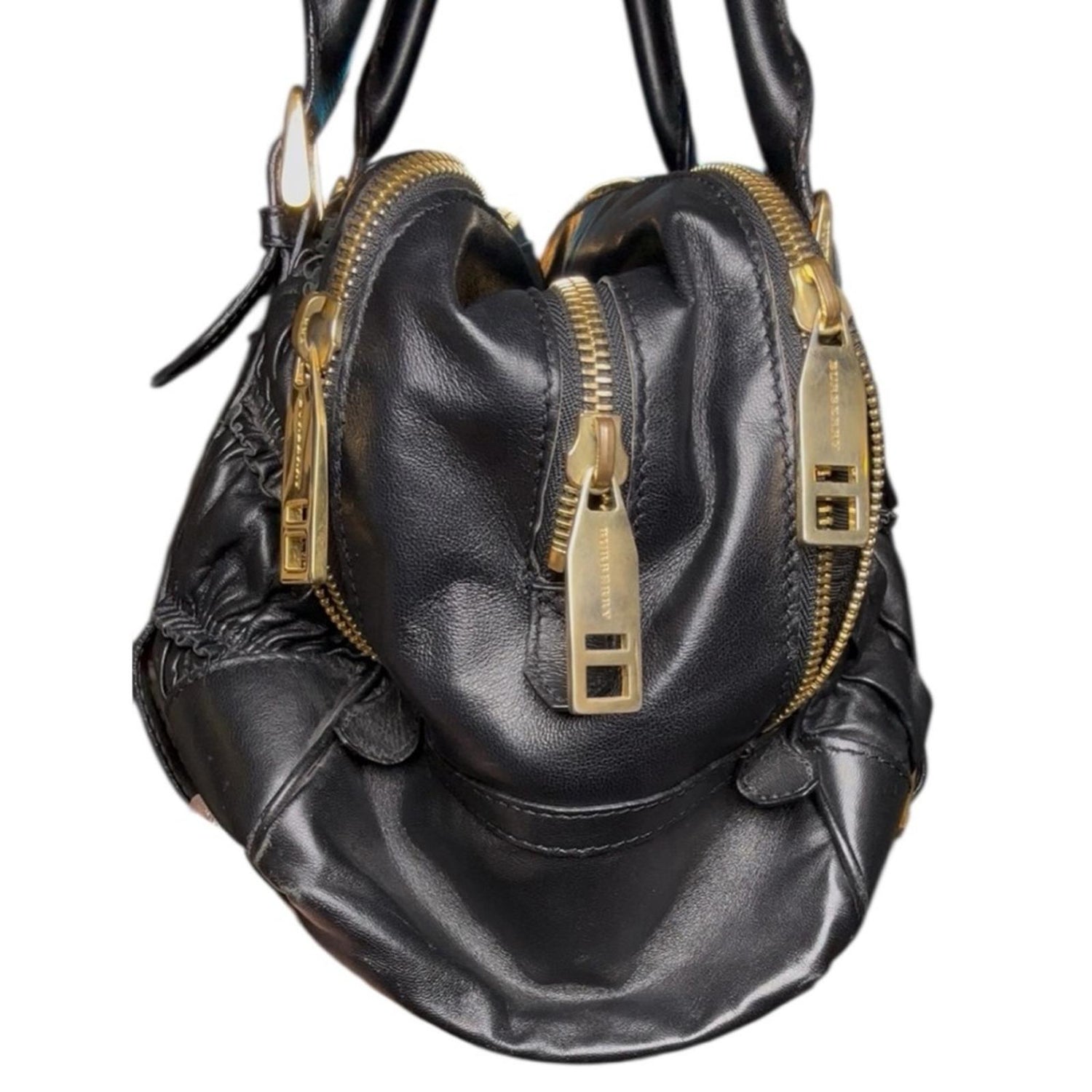 Burberry Black Leather Satchel with Gold Buckles