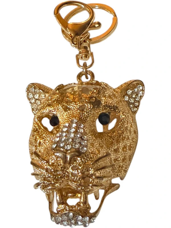 Gold Tone Rhinestone Leopard Cat Keychain Bag Charm
