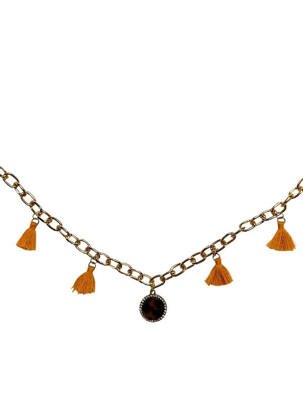 Boho Handbag Purse Charm Chain Mustard Yellow Tassels Tortoise Shell Pendant