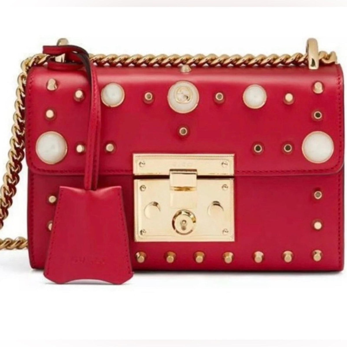 Gucci Padlock Studded Leather Shoulder Bag Red with Faux Pearls
