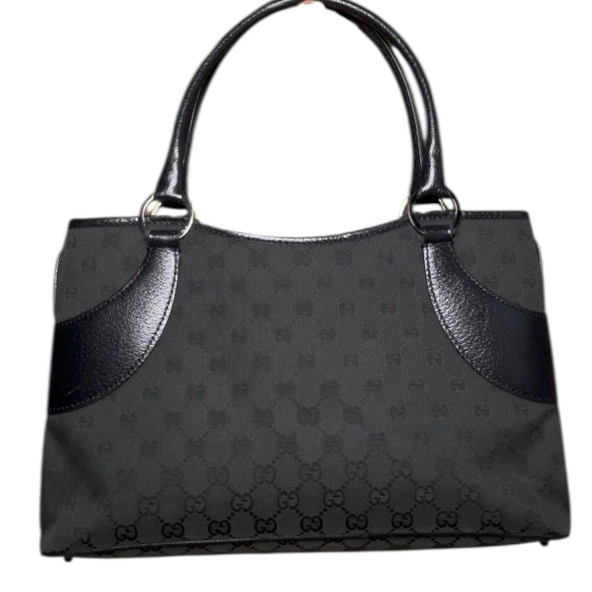 Gucci Black GG Canvas Tote Bag With Leather Trim