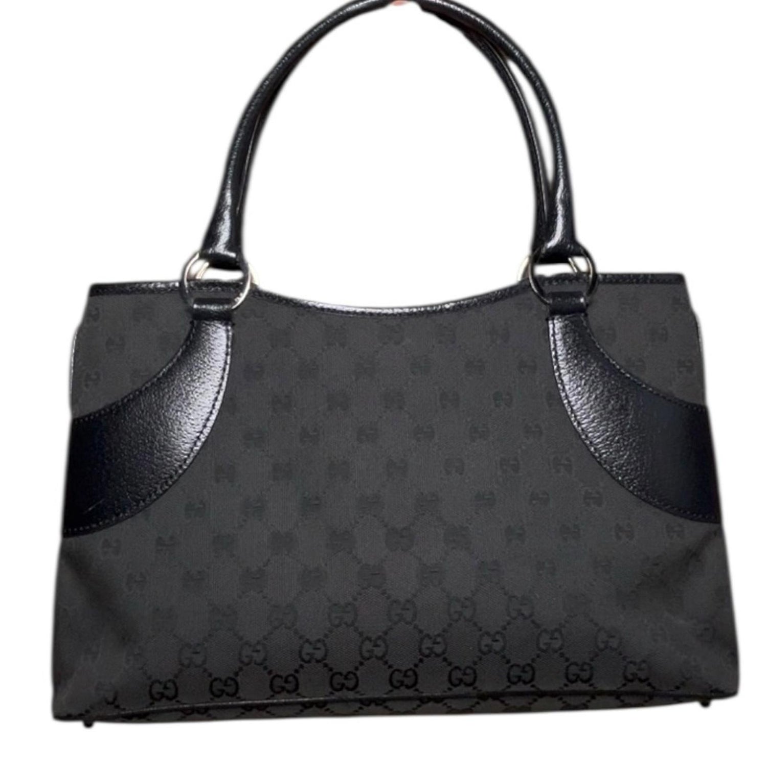 Gucci Black GG Canvas Tote Bag With Leather Trim