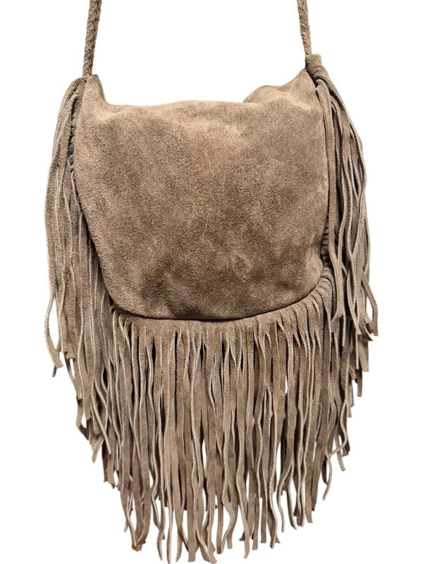 Vintage Boho Genuine Suede Fringe Crossbody Bag
