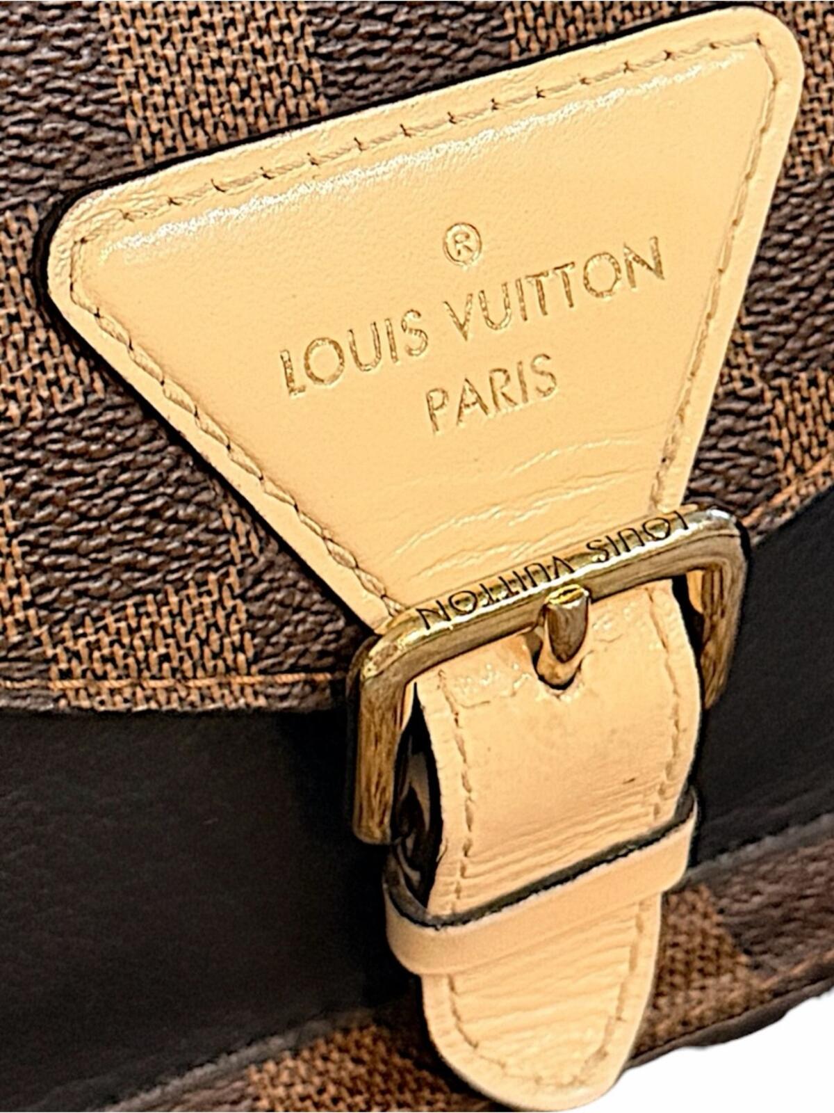 Louis Vuitton Brown Damier Ebene Satchel with Black Front Panel and Tan Handle