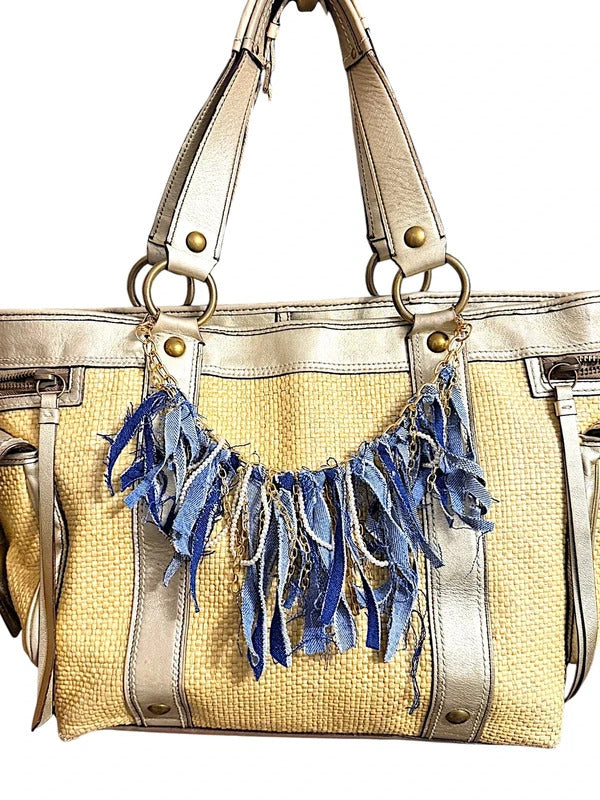Boho Denim Purse Chain Charm Gold Pearl Fringe