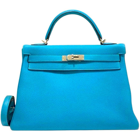 HERMES KELLY Retourne Togo 32 Blue Jean with Palladium Hardware EUC