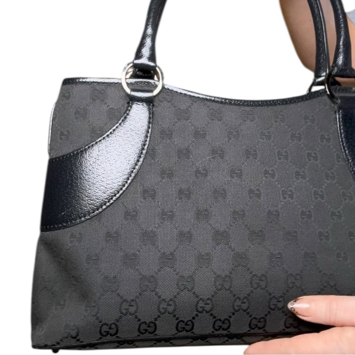 Gucci Black GG Canvas Tote Bag With Leather Trim