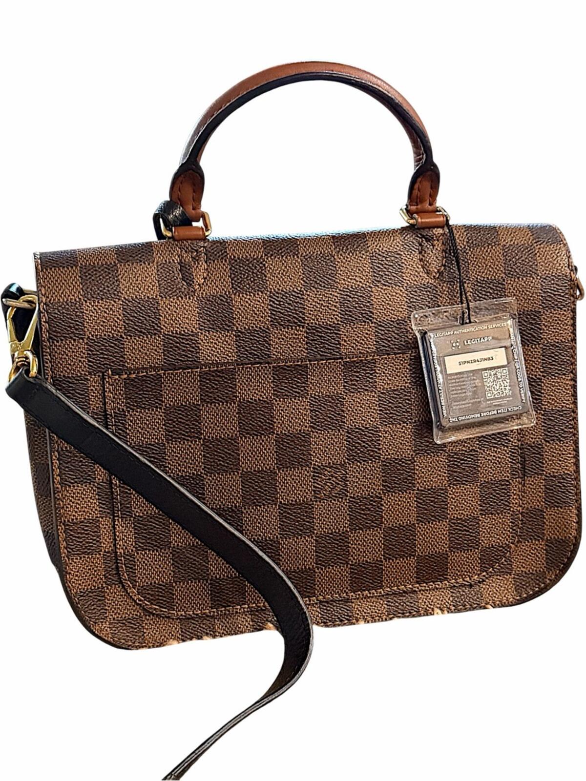 Louis Vuitton Brown Damier Ebene Satchel with Black Front Panel and Tan Handle