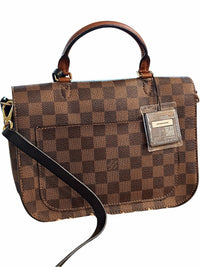 Louis Vuitton Brown Damier Ebene Satchel with Black Front Panel and Tan Handle