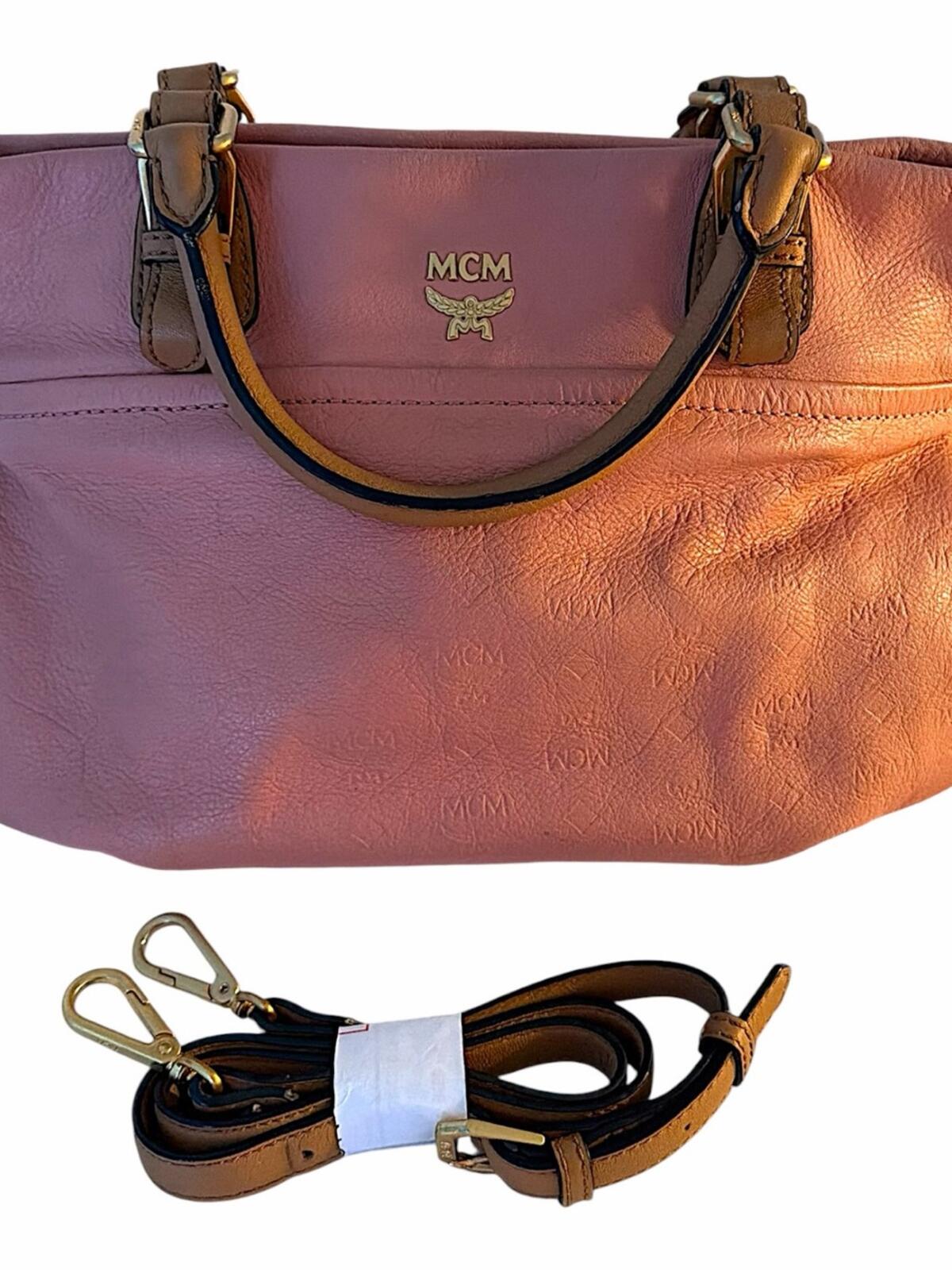 MCM Pink Leather Shoulder Bag with Tan Strap and Gold Hardware