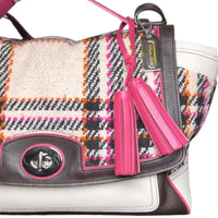 Coach Tweed Plaid Leather Turnlock Satchel Pink Black Cream Shoulder Bag