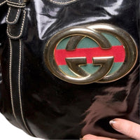 Gucci Coated Canvas and Patent Leather GG Logo Dialux Britt Hobo Bag