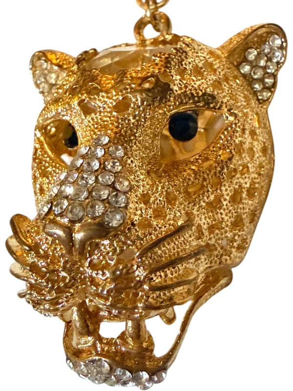 Gold Tone Rhinestone Leopard Cat Keychain Bag Charm