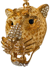 Gold Tone Rhinestone Leopard Cat Keychain Bag Charm