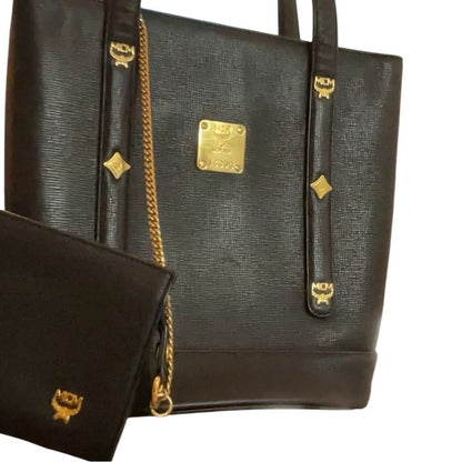 MCM Black Visetos Structured Tote Bag + Matching Pouch