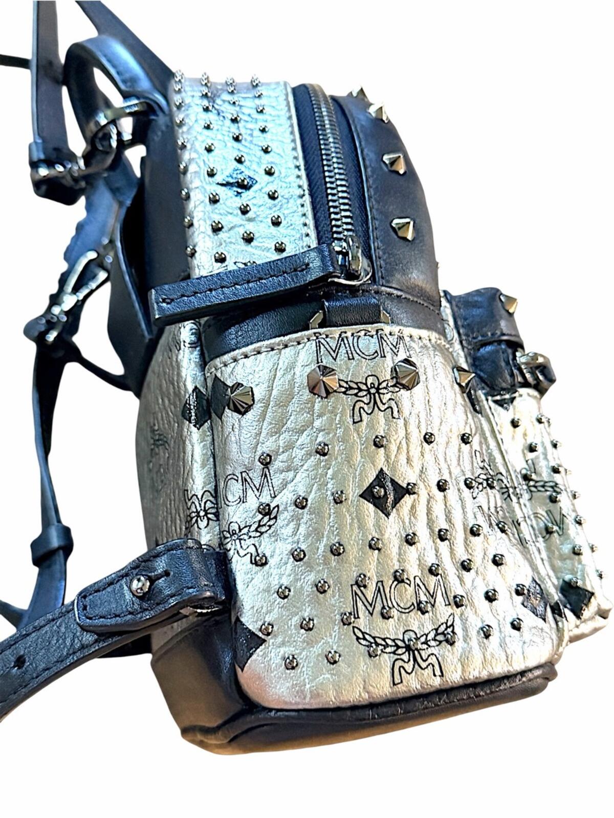 MCM Metallic Silver Studded Mini Backpack with Black Trim