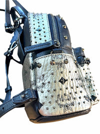 MCM Metallic Silver Studded Mini Backpack with Black Trim