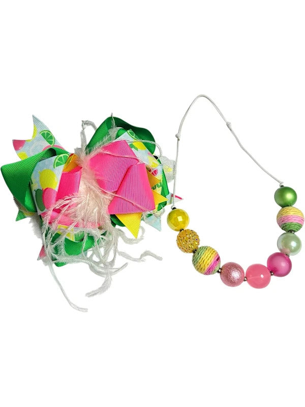 Colorful Lemonade Theme Ribbon Hair Bow and Bead Necklace Set skuQ
