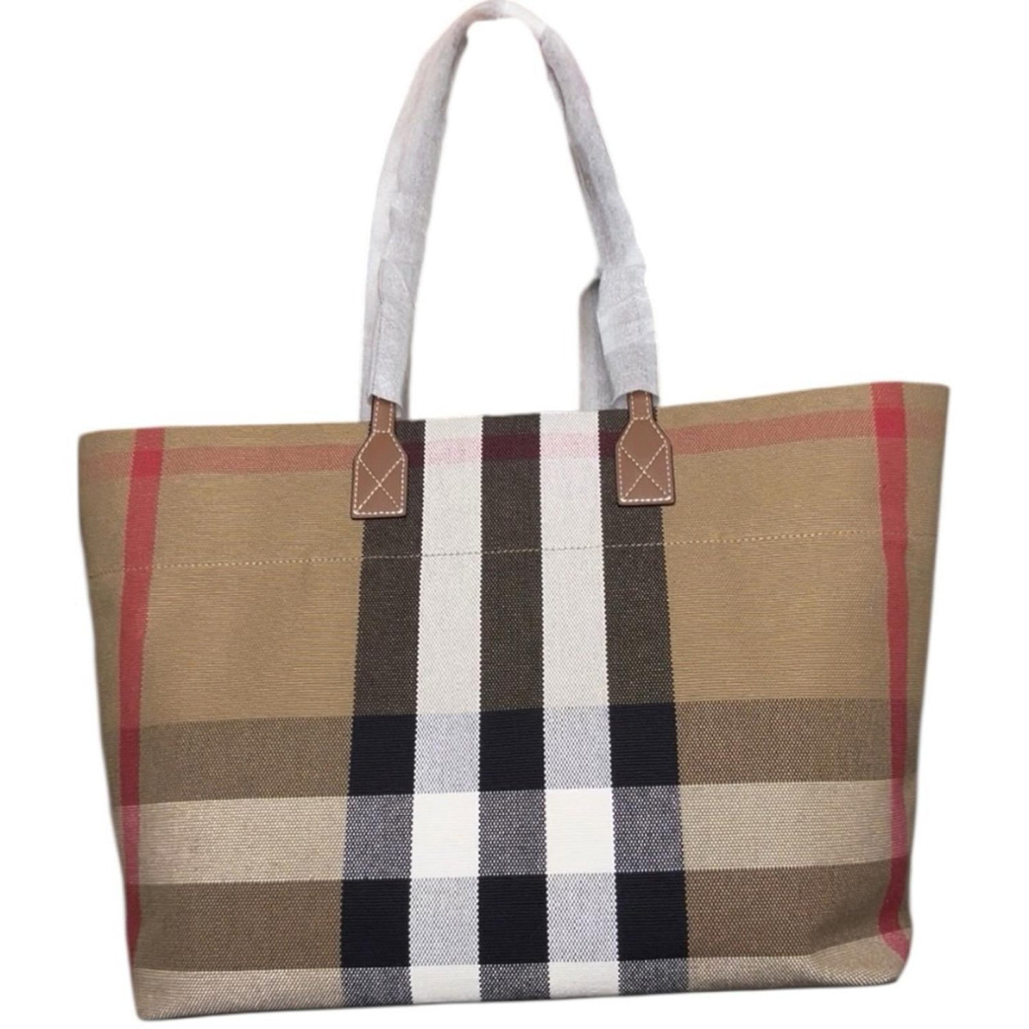 Burberry Medium London Tote Check Canvas Taupe Brown