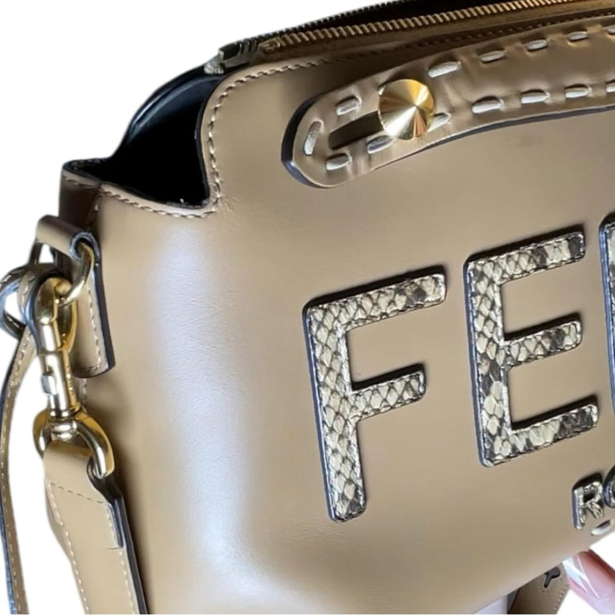 Fendi By The Way Medium Logo Python-Trim Leather Satchel Tan