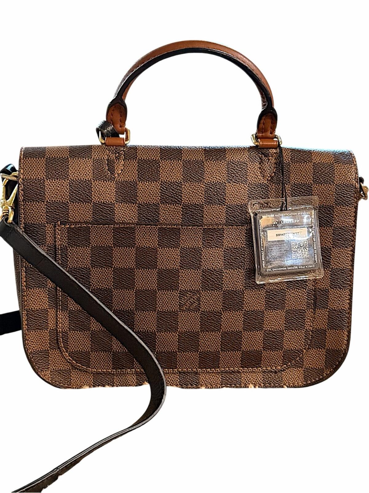 Louis Vuitton Brown Damier Ebene Satchel with Black Front Panel and Tan Handle