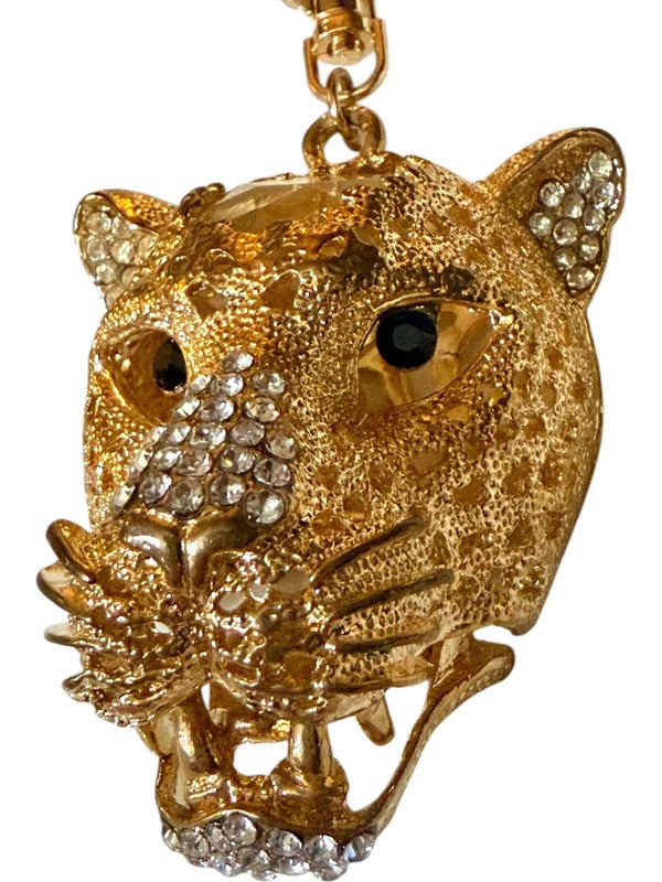Gold Tone Rhinestone Leopard Cat Keychain Bag Charm