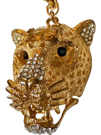 Gold Tone Rhinestone Leopard Cat Keychain Bag Charm