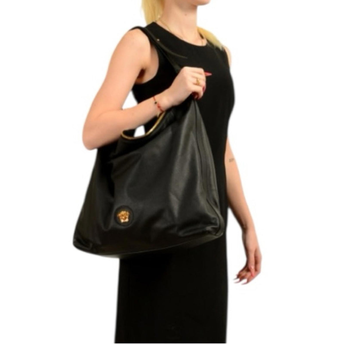 Versace Black 100% Pebbled Leather Large Hobo Shoulder Tote Bag NWT