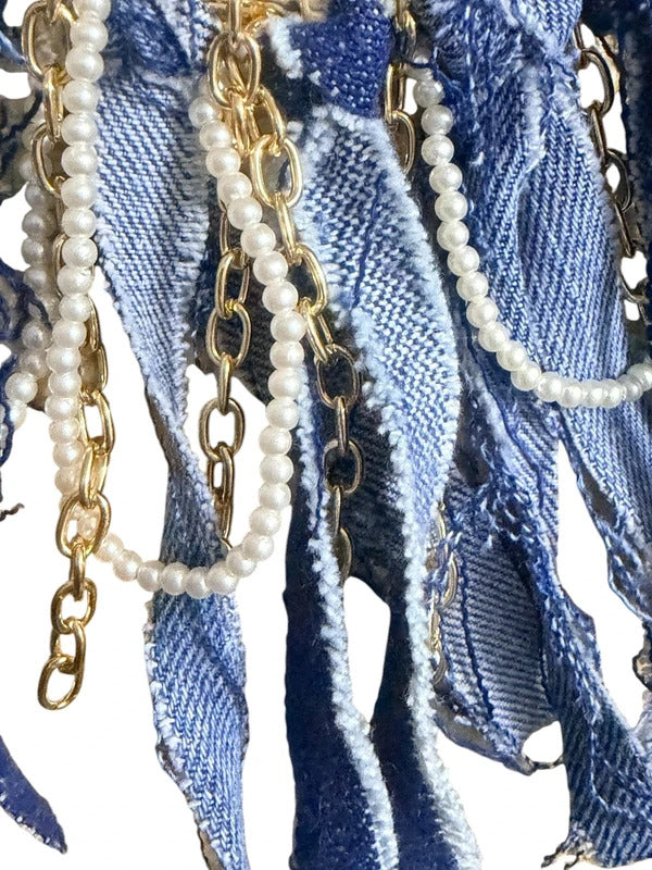 Boho Denim Purse Chain Charm Gold Pearl Fringe