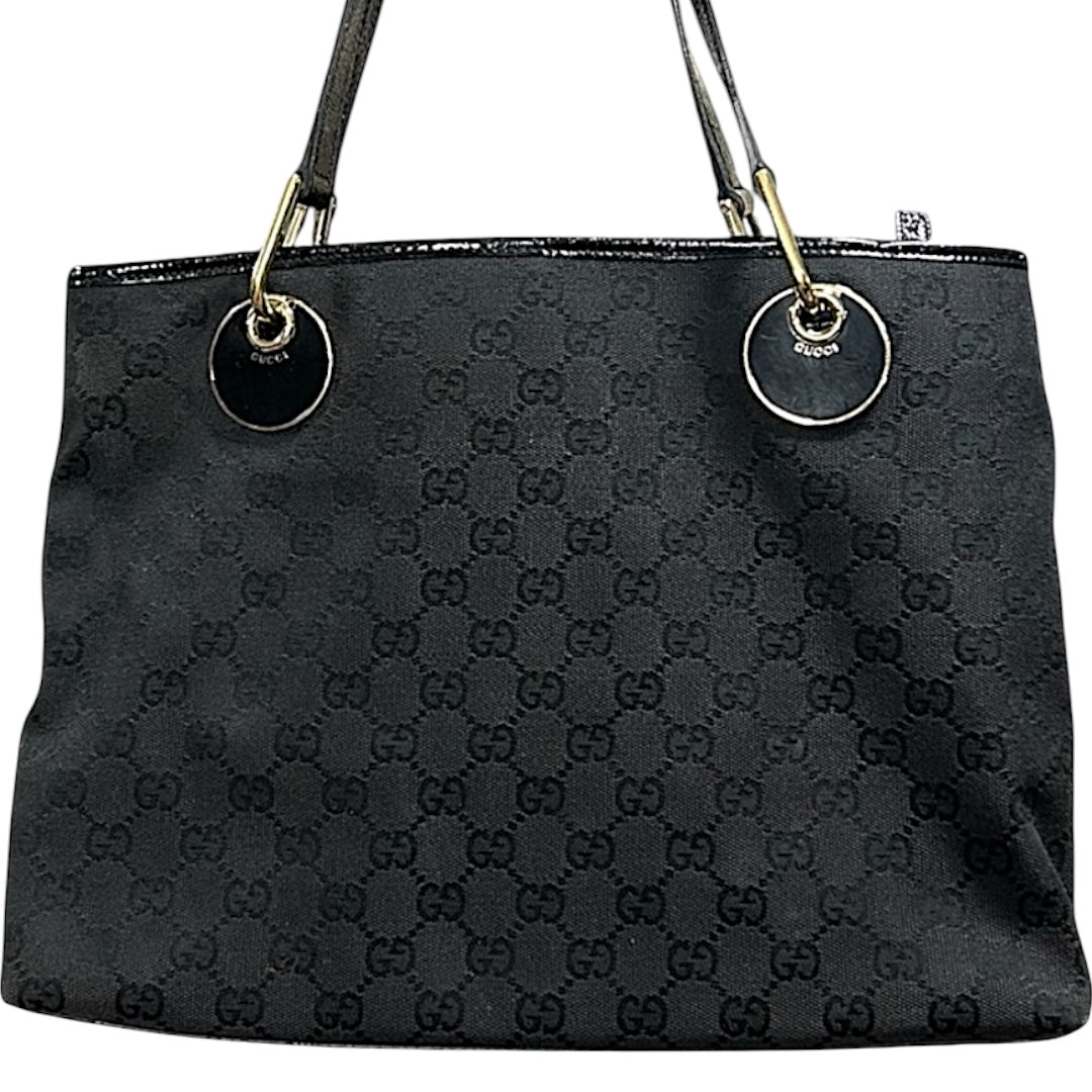 Gucci Black GG Canvas Tote Bag with Patent Trim