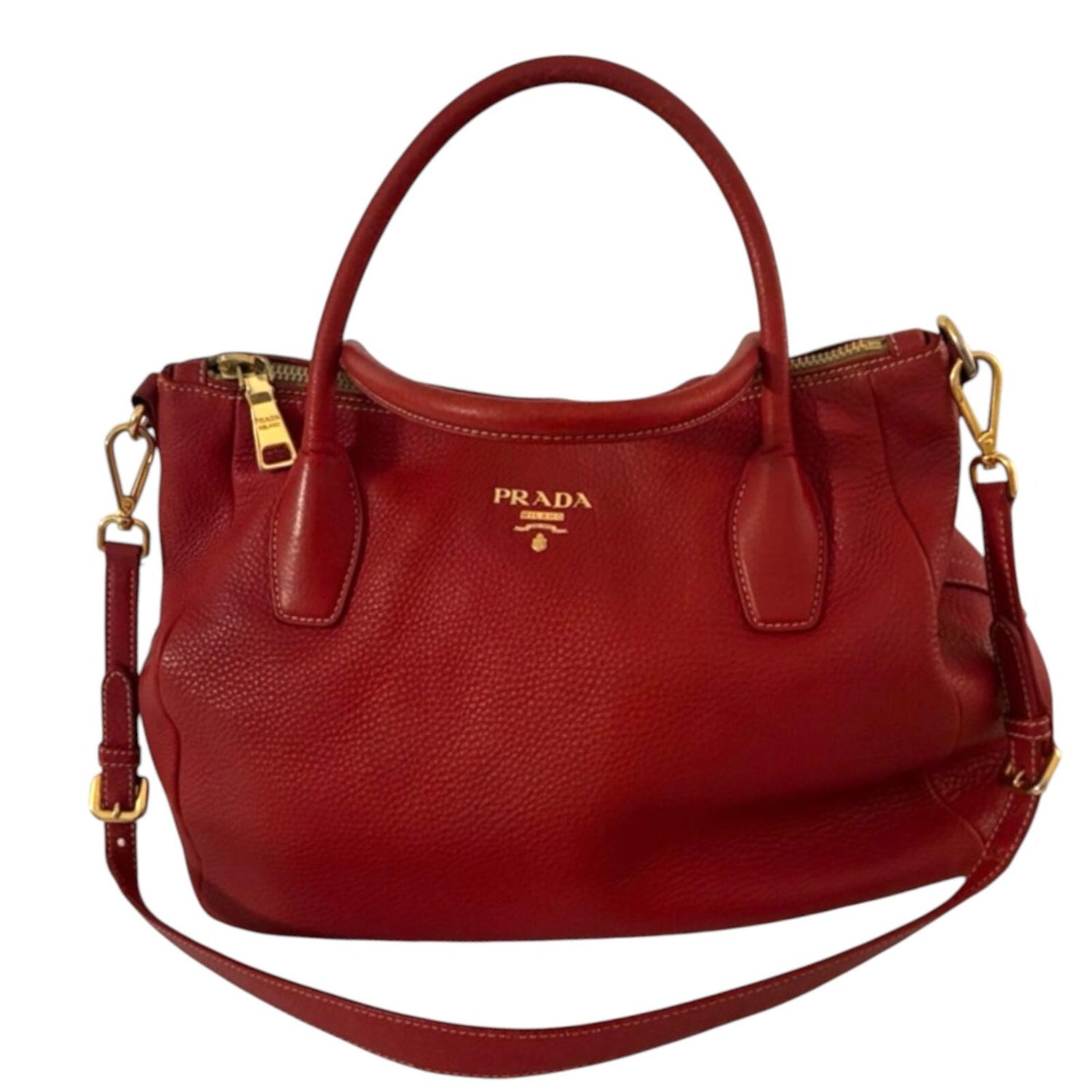 Prada Red Pebbled Leather Satchel Handbag