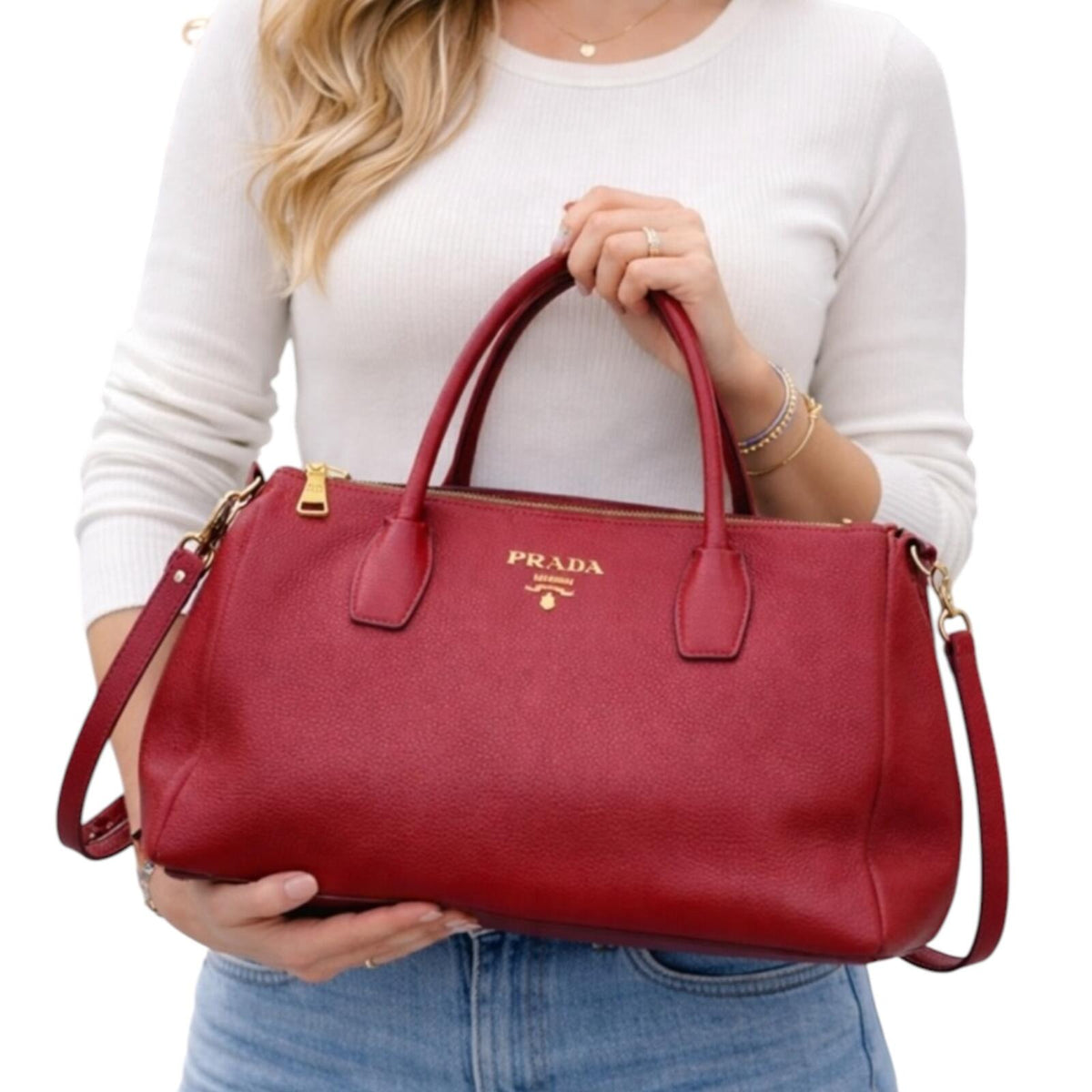 Prada Red Pebbled Leather Satchel Handbag
