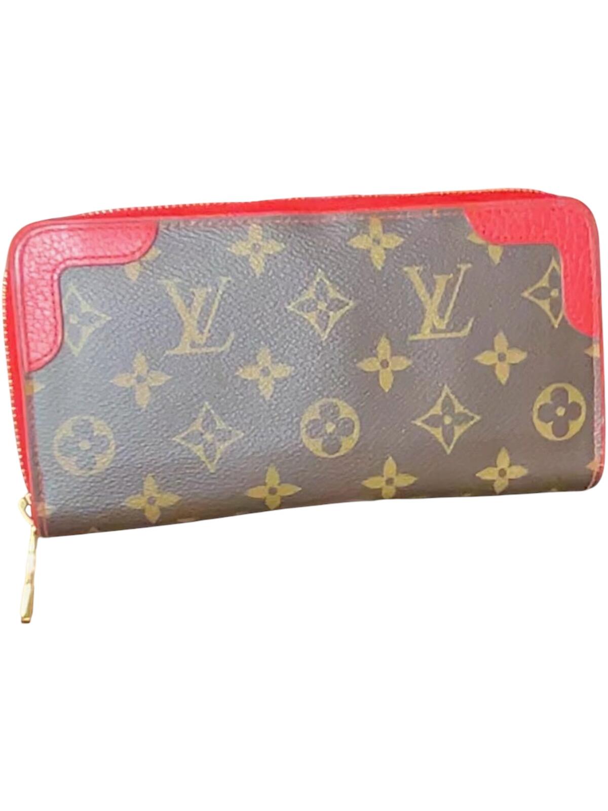 Louis Vuitton Monogram Canvas Red Leather Zip Around Wallet