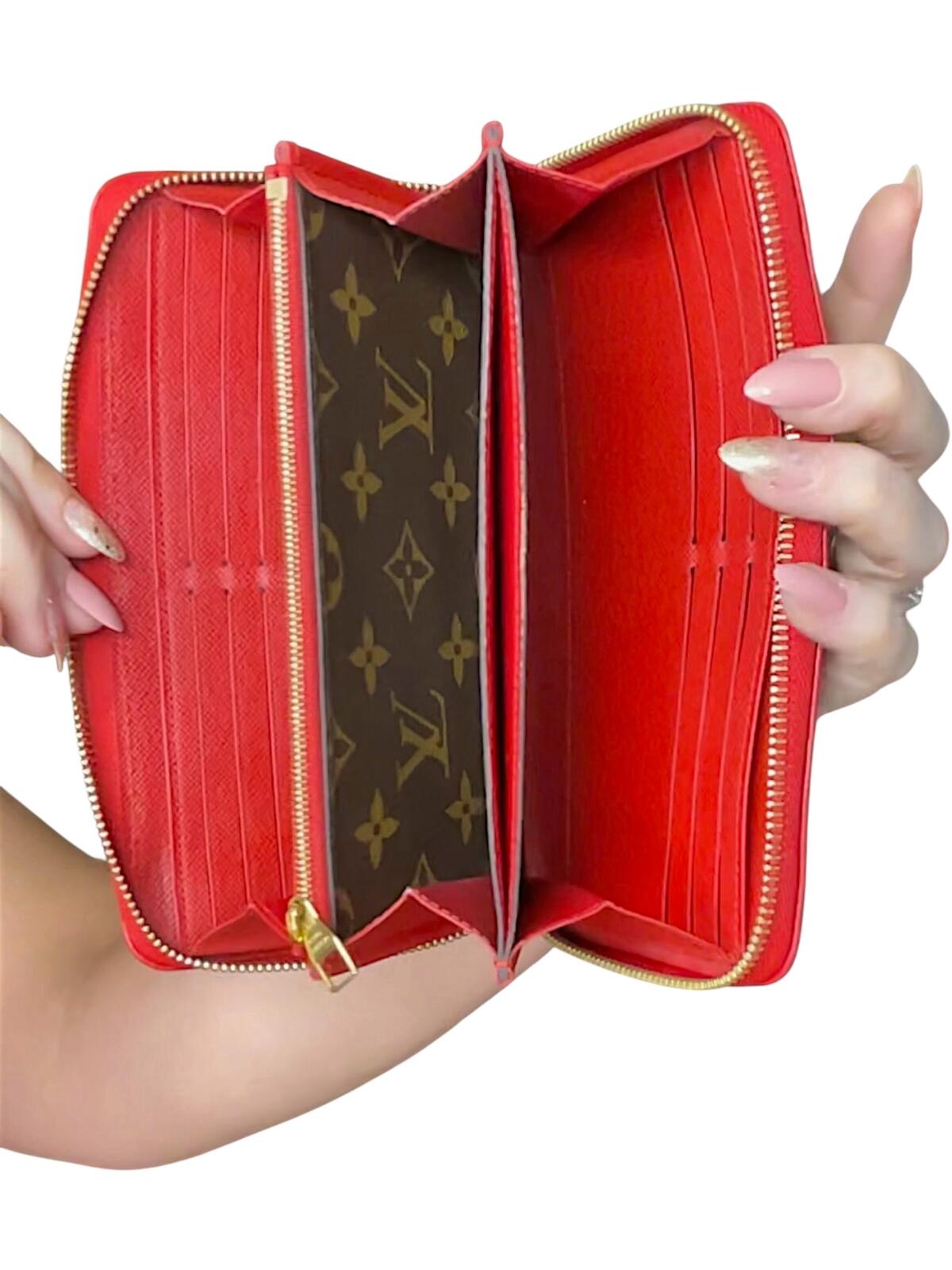 Louis Vuitton Monogram Canvas Red Leather Zip Around Wallet