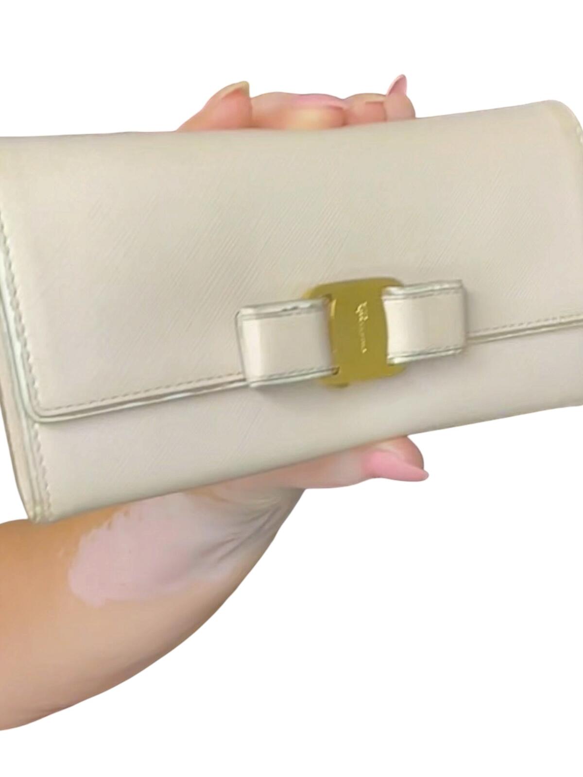 Salvatore Ferragamo Ivory Leather Wallet with Bow Detail