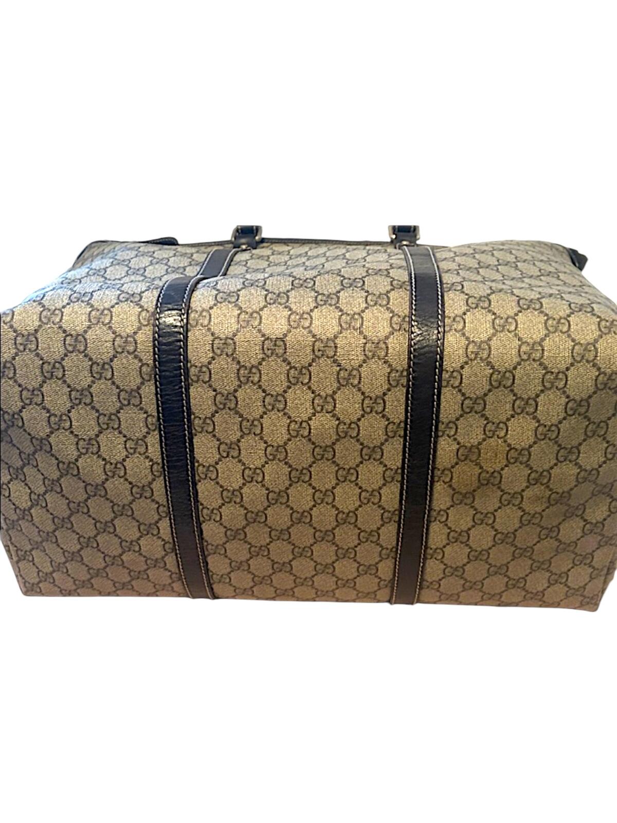 Gucci Beige GG Canvas Tote Bag with Dark Brown Leather Trim
