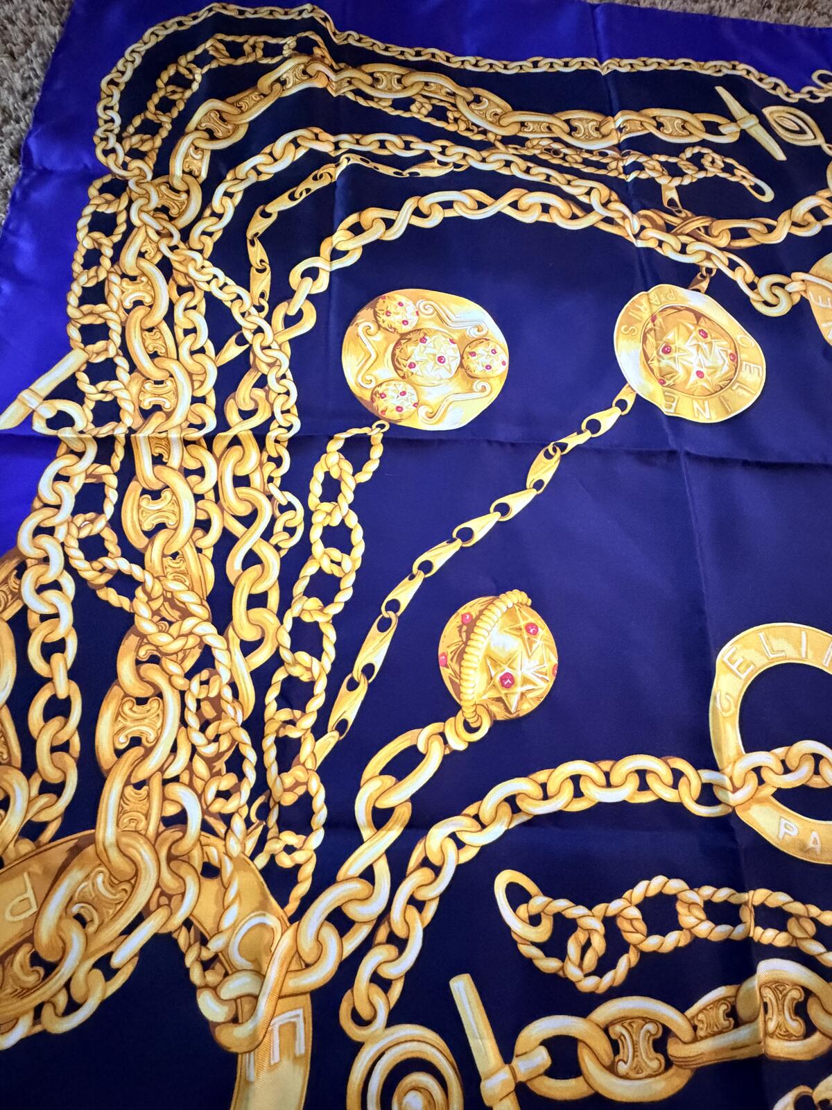Celine Purple and Gold Chain Print Silk Scarf