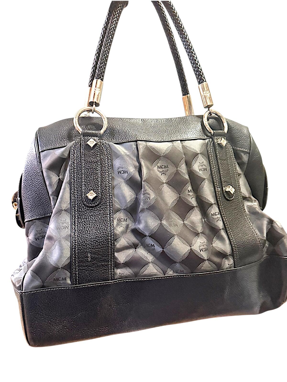 MCM Black Leather and Logo Patterned Handbag