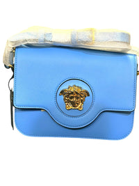 Versace La Medusa Blue Leather Crossbody Bag Gold Medusa Chain Strap NWT